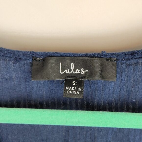 Lulus Navy Blue Swiss Dot Ruffle Lace Trim Short Sleeve Mini Dress sz S - Picture 9 of 11